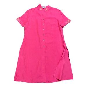 Escada Womens 100% Linen Tunic Shirt Pink Embroidered Mandarin Collar Sz 44/ 12